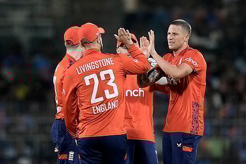IND vs ENG 2nd T20: England's Brydon Carse celebrates after the dismissal of India's Suryakumar Yadav