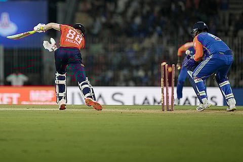 IND vs ENG 2nd T20: England's Harry Brook, left, is bowled out