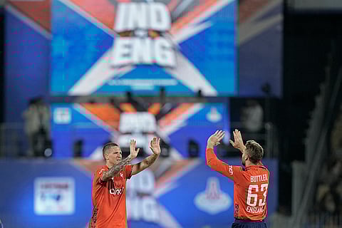 IND vs ENG 2nd T20: England's Brydon Carse celebrates with captain Jos Buttler