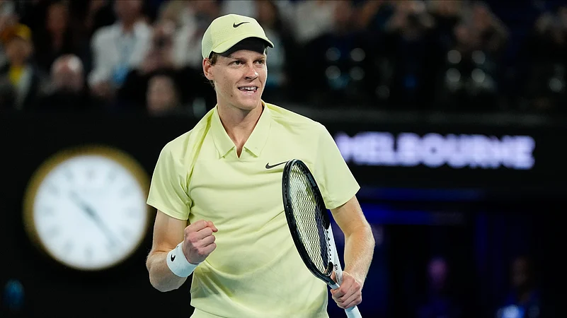 Jannik Sinner of Italy celebrates after defeating Ben Shelton. AP Photo