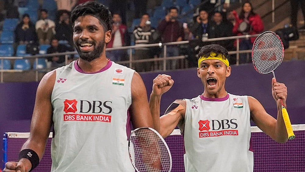 | Photo: PTI/Gurinder Osan : BWF India Open 2025: India's Satwiksairaj Rankireddy and Chirag Shetty celebrate after winning the men's doubles quarterfinal