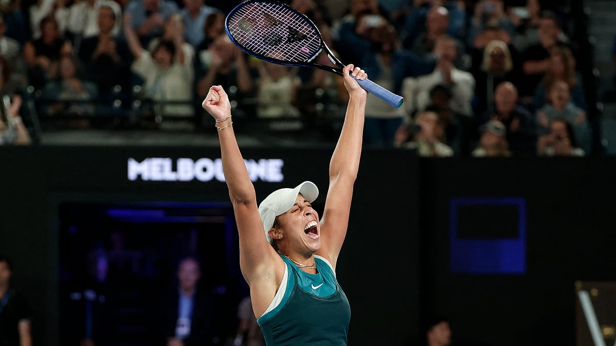 Madison Keys celebrates her win at the Australian Open on Saturday