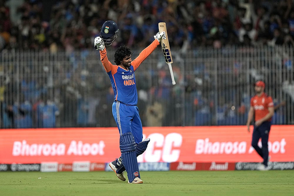 | Photo: AP/Mahesh Kumar A. : IND vs ENG 2nd T20: India's Tilak Varma celebrates after hitting the winnings runs