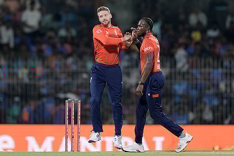 IND vs ENG 2nd T20: England's Jofra Archer, right, celebrates with captain Jos Buttler