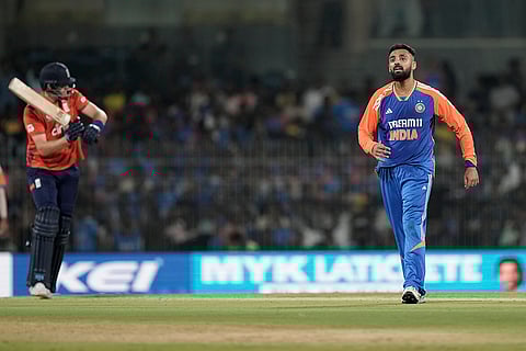 IND vs ENG 2nd T20: India's Varun Chakravarthy celebrates the dismissal of England's Jamie Overton