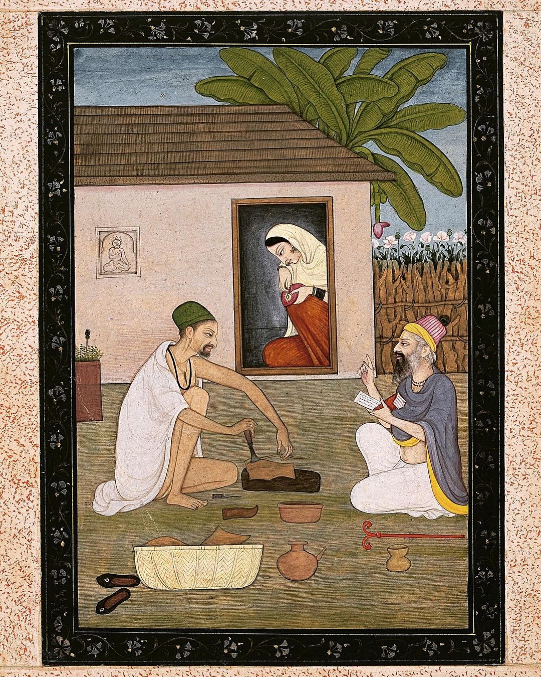 wikimedia commons  : Ravidas at work as a shoemaker. Folio from a series featuring Bhakti saints. Master of the first generation after Manaku and Nainsukh of Guler, Pahari region, ca.1800–1810 |