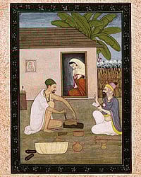 wikimedia commons  : Ravidas at work as a shoemaker. Folio from a series featuring Bhakti saints. Master of the first generation after Manaku and Nainsukh of Guler, Pahari region, ca.1800–1810 |