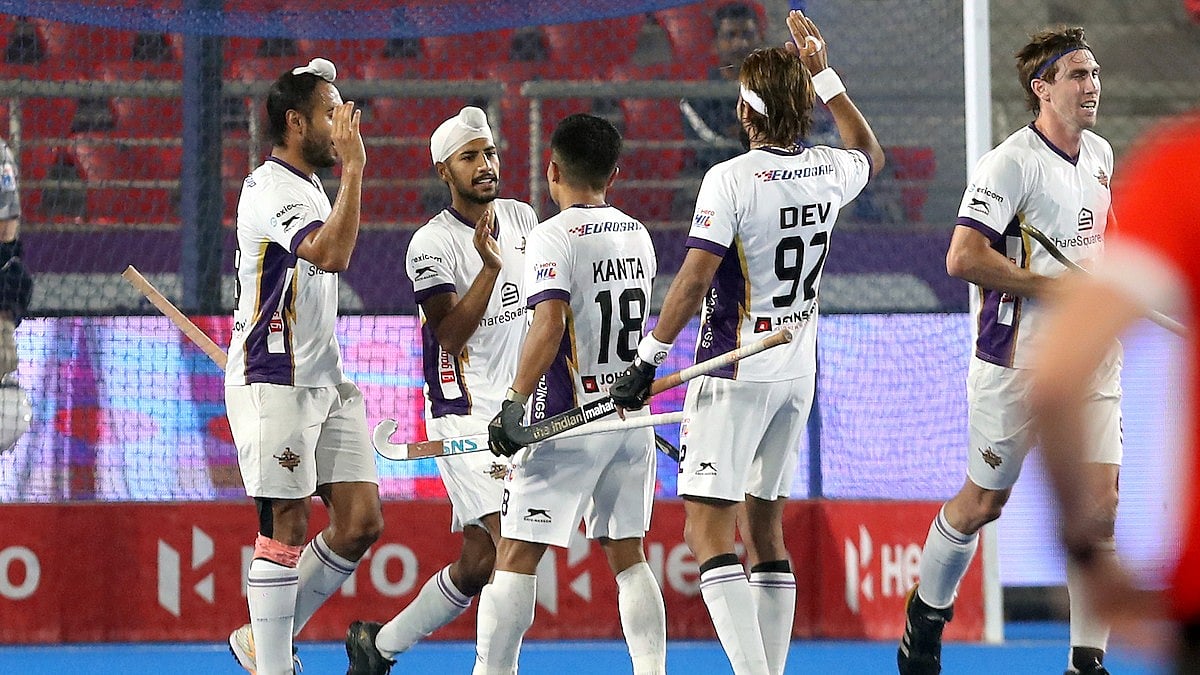 Hockey India : Hyderabad Toofans celebrate a goal against UP Rudras in the Hockey India League.
