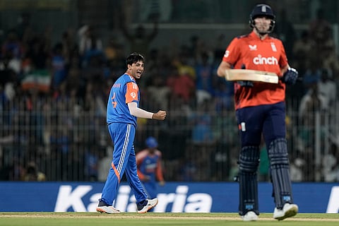 IND vs ENG 2nd T20: India's Abhishek Sharma celebrates the dismissal of England's Jamie Smith