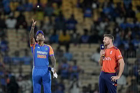 IND vs ENG 2nd T20: Jos Buttler, right, watches as Suryakumar Yadav tosses the coin