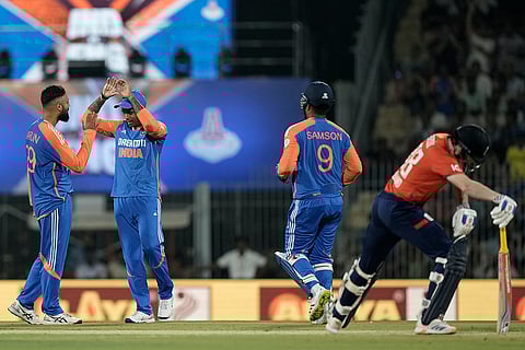 IND vs ENG 2nd T20: India's Varun Chakravarthy celebrates after the dismissal of England's Harry Brook