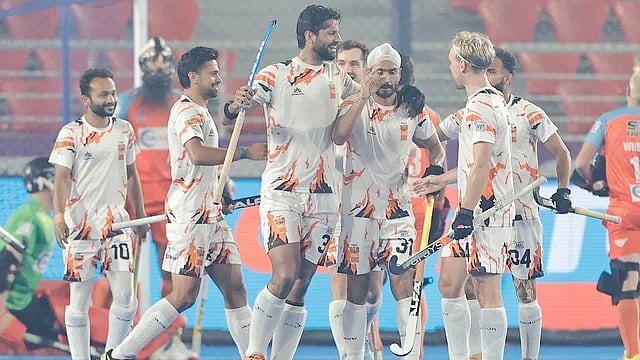 Hockey India : Shrachi Rarh Bengal Tigers celebrate a goal during their match against Delhi SG Pipers in the Hockey India League.
