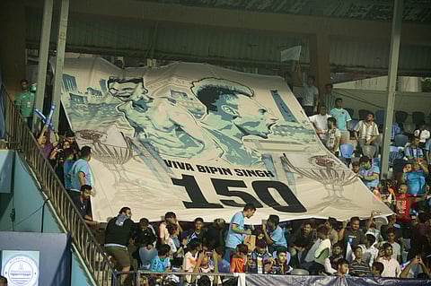 Mumbai City fans display a tifo showing Bipin Thounaojam. The winger joined the club Mumbai City in 2018.