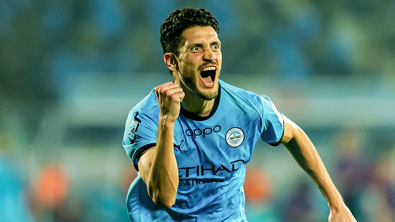Thaer Krouma celebrates a goal for Mumbai City FC against Mohammedan Sporting.