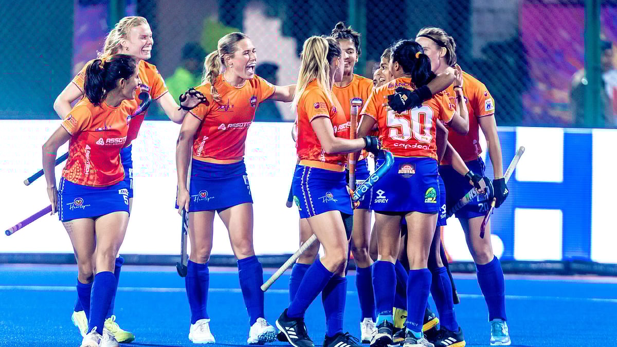 Hockey India : Odisha Warriors celebrate Rutuja Pisal's goal against Soorma Hockey Club.