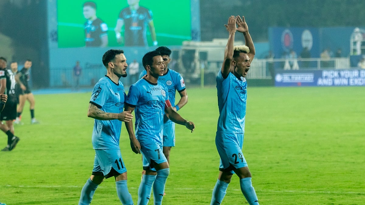 Photo: ISL : Mumbai City FC player Bipin Singh celebrating after the first goal against Mohammedan Sporting in the ISL 2024-25 match.