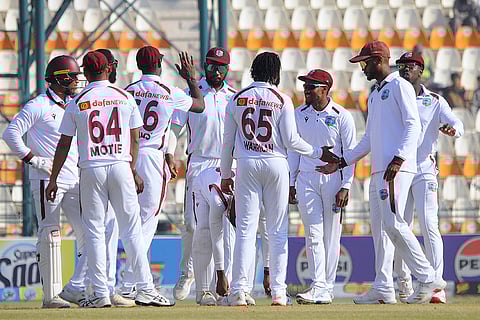 PAK vs WI 2nd Test: West Indies Jomel Warrican and teammates celebrate after the dismissal of Pakistan's Sajid Khan