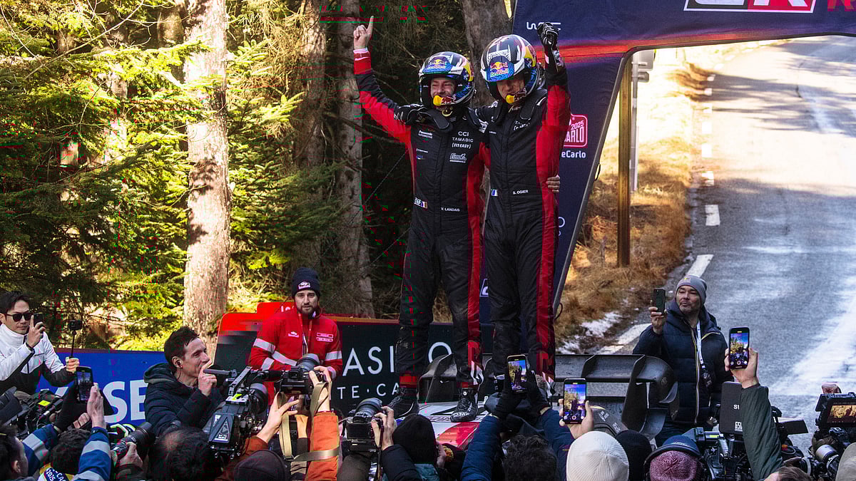 Jaanus Ree / Red Bull Content Pool : Sebastien Ogier (FRA) Vincent Landais (FRA) Of team TOYOTA GAZOO RACING WRT celebrate on the podium in first place after winning the World Rally Championship in Monaco, Monte-Carlo on 26.01.2025 third place.