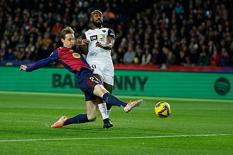 La Liga 2024-25: Barcelona's Frenkie de Jong, left, scores the opening goal