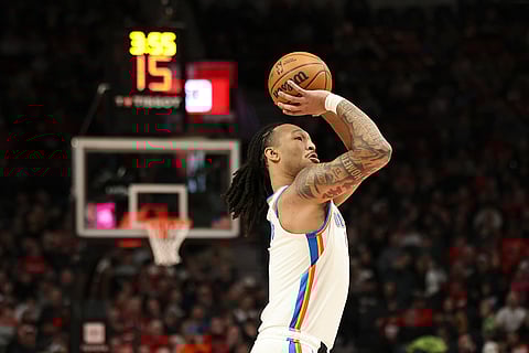 NBA 2024-25: Thunder forward Jaylin Williams shoots against the Portland Trail Blazers