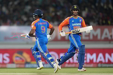 IND vs ENG 3rd T20: India's Abhishek Sharma, right, and teammate Sanju Samson run between the wickets