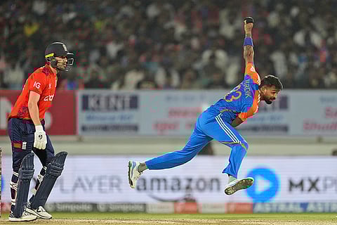 IND vs ENG 3rd T20: India's Hardik Pandya bowls a delivery