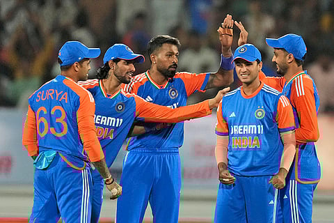IND vs ENG 3rd T20: India's Hardik Pandya celebrates with teammtes the wicket of England's Phil Salt
