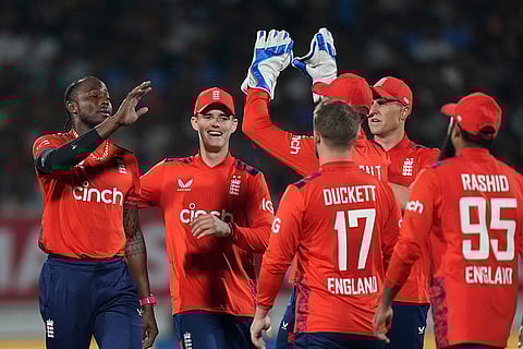 IND vs ENG 3rd T20: Jofra Archer, left, celebrates with teammate the wicket of Axar Patel