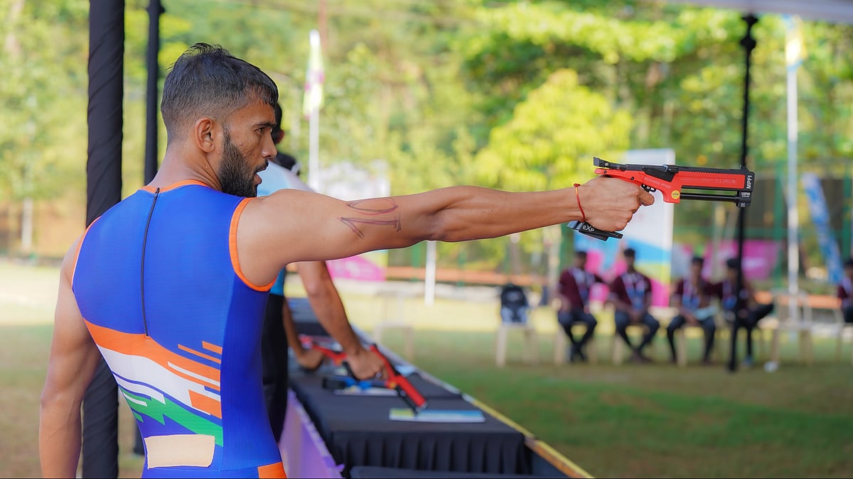 Photo: X | National Games : Indian athlete in a shooting range during the National Games 2024.