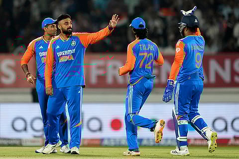 IND vs ENG 3rd T20: Varun Chakravarthy celebrates with teammates Jamie Smith's wicket