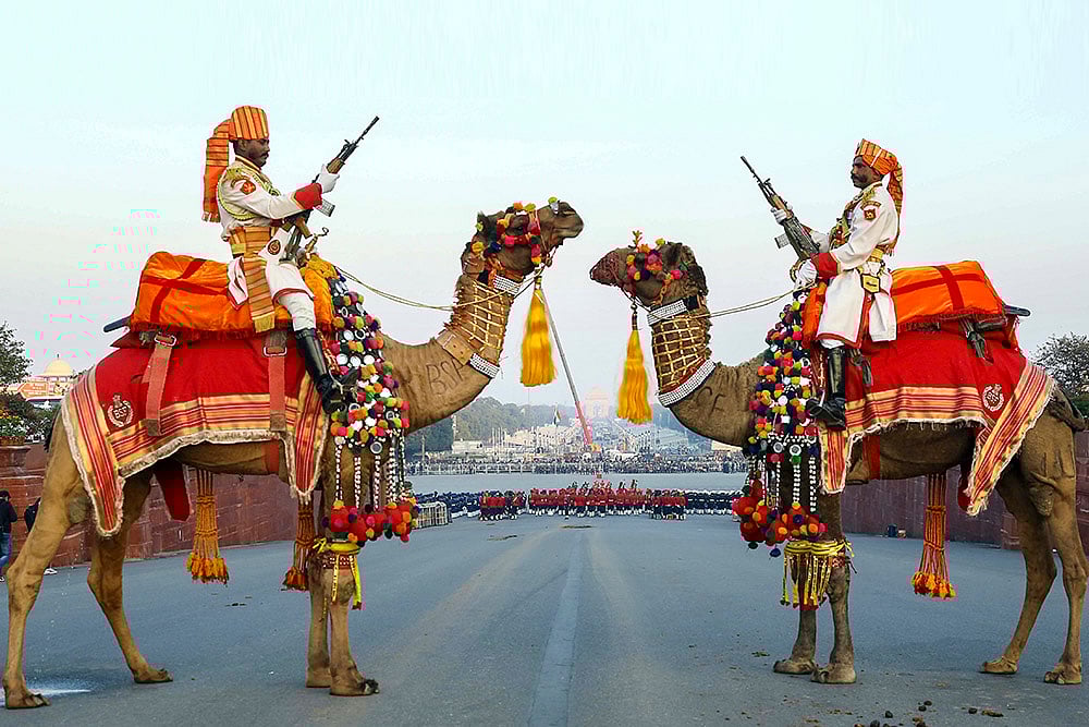 | Photo: DPR(MoD) via PTI : BSF personnel during the full dress rehearsal 