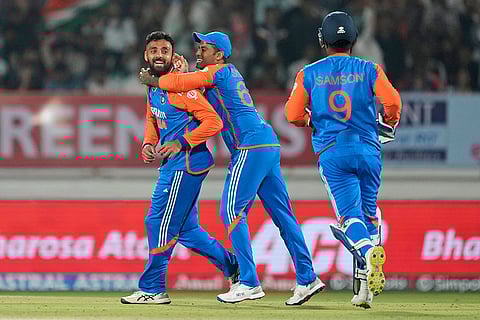 IND vs ENG 3rd T20: Varun Chakravarthy  celebrates the wicket of England's Jofra Archer