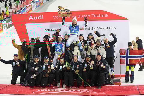 FIS WC 2025: Norway's Alexander Steen Olsen celebrate with their team