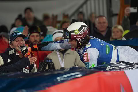 FIS WC 2025: Alexander Steen Olsen celebrates in the finish area