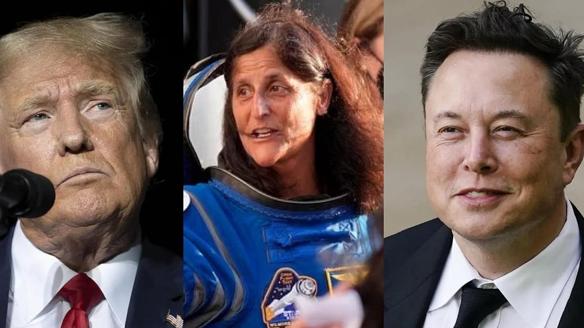 US President Donald Trump (L), astronaut Sunita Williams, and tech billionaire Elon Musk (R)