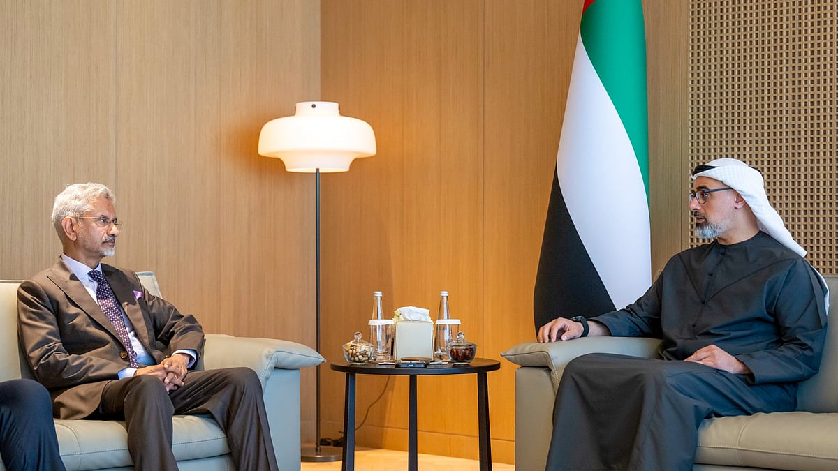 |Photo- PTI : External Affairs Minister S Jaishankar during a meeting with Crown Prince of Abu Dhabi Sheikh Khaled bin Mohamed bin Zayed Al Nahyan, in Abu Dhabi, UAE