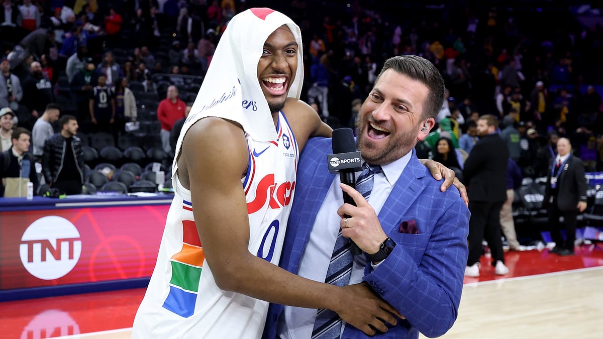 Tyrese Maxey #0 of the Philadelphia 76ers is interviewed after a 118-104 win over the Los Angeles Lakers at the Wells Fargo Center on January 28, 2025 in Philadelphia, Pennsylvania.