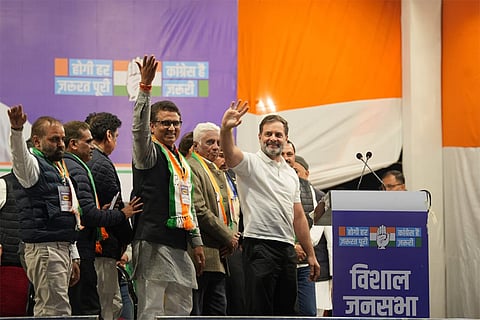 Congress leader Rahul Gandhi during a rally at Patparganj