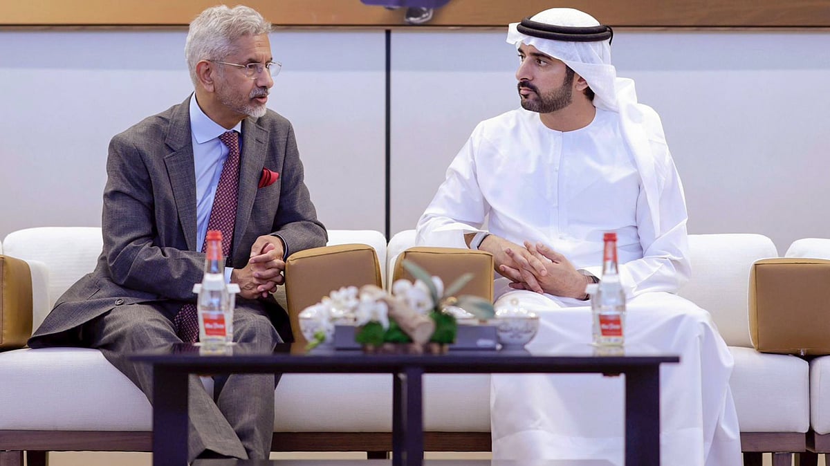 | Photo- PTI :  External Affairs Minister S. Jaishankar with UAE's Deputy Prime Minister Hamdan bin Mohammed