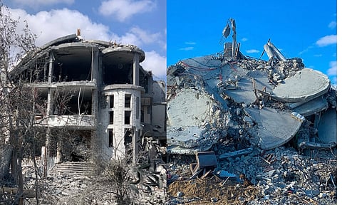 (L-R) Sanad's home after the first airstrike vs after the second airstrike