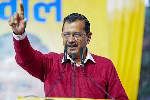 Arvind Kejriwal addresses a public meeting in Delhi