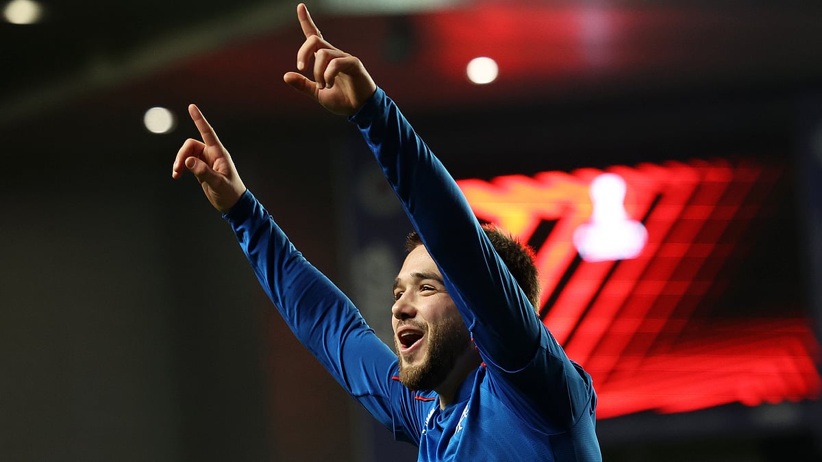 Nico Raskin celebrates after scoring at Ibrox