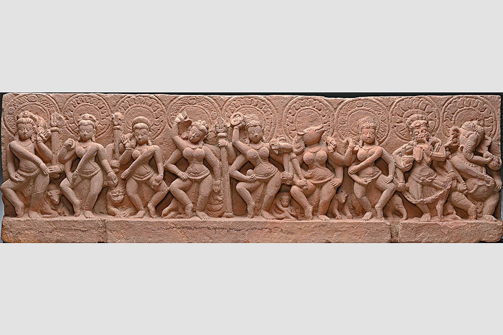| Photo: Wikimedia Commons : Figurines of Female Deities: 
A 9th century red sandstone sculpture in Madhya Pradesh
