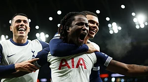 Damola Ajayi celebrates his goal for Tottenham against Elfsborg