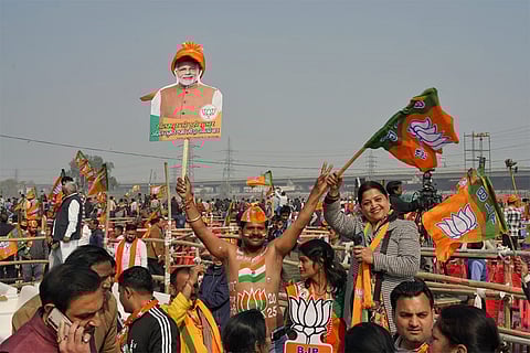BJP supporters during a public meeting at Kartar Nagar