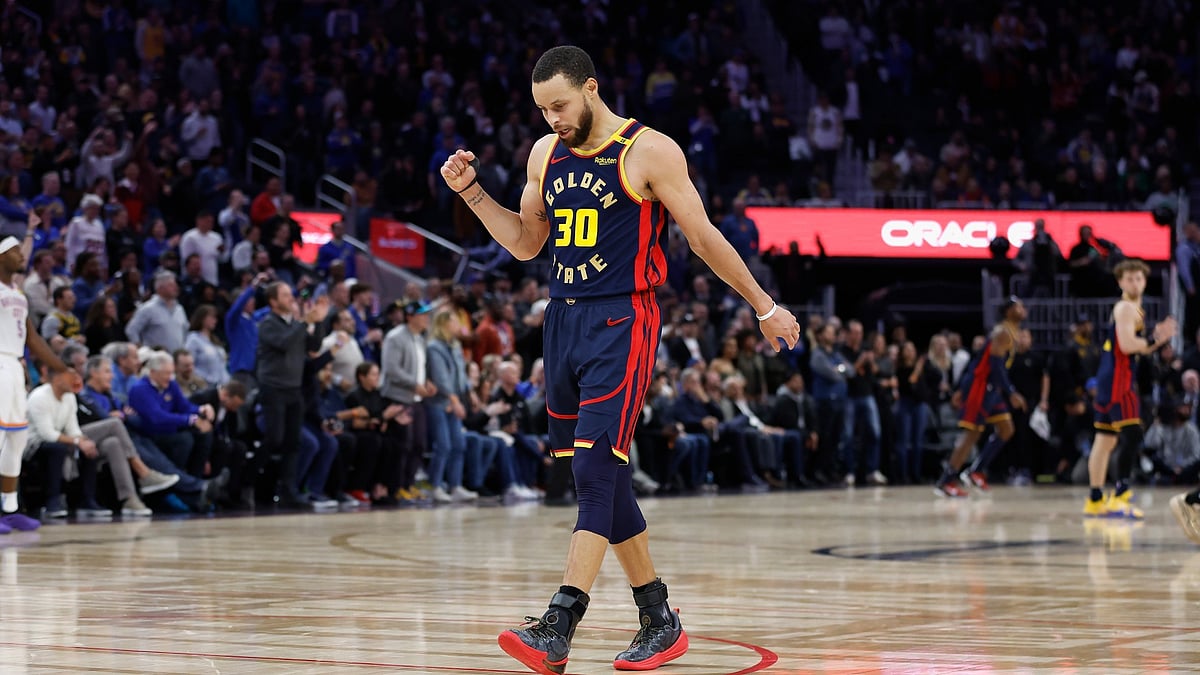 Stephen Curry #30 of the Golden State Warriors reacts after a play in the fourth quarter against the Oklahoma City Thunder at Chase Center on January 29, 2025 in San Francisco, California. - null