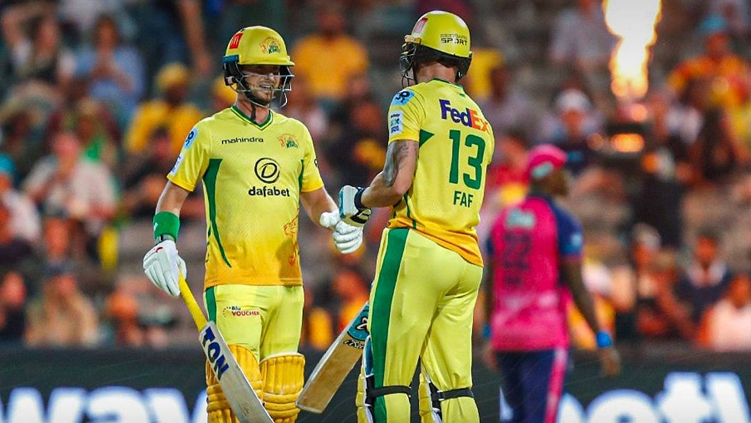 Photo: X/Joburg Super Kings : Joburg Super Kings skipper Faf du Plessis (right) bats during the SA20 game against Paarl Royals.