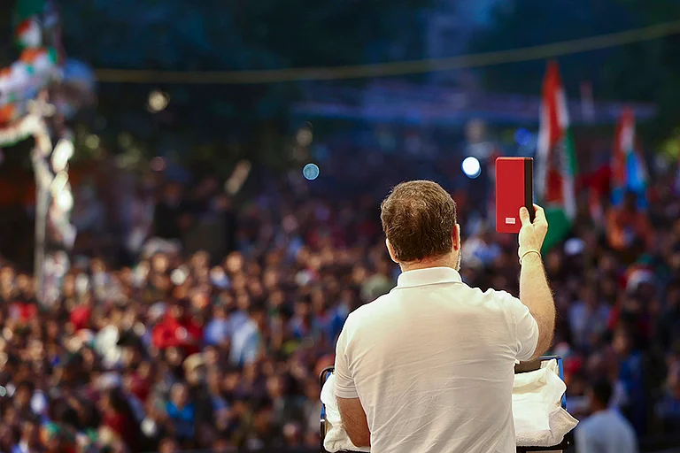 Rahul Gandhi addresses a public meeting at Patparganj - | Photo: AICC via PTI