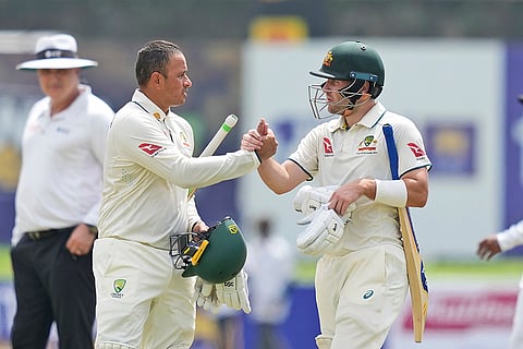 SL vs AUS 1st Test Day 2: Josh Inglis, right, congratulates Usman Khawaja for scoring a double century