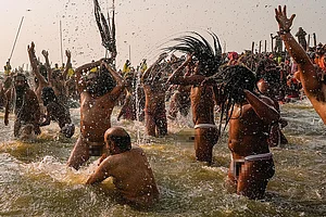 | Photo: PTI : Faith and Culture: Sadhus take a dip at the Triveni Sangam on the occasion of Mauni Amavasya
